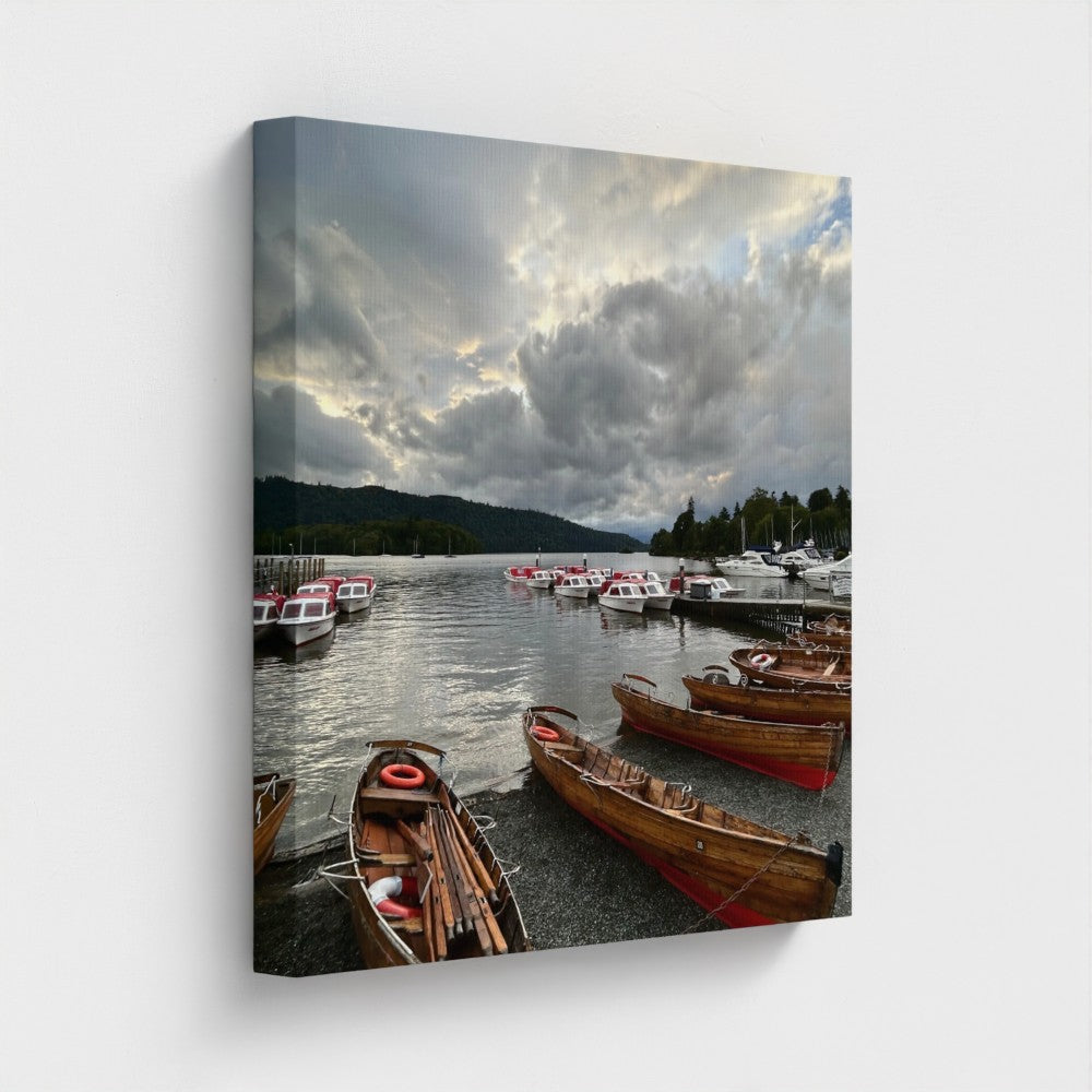 Eco canvas wall art Windermere featuring cloudy sky, lake, and boats