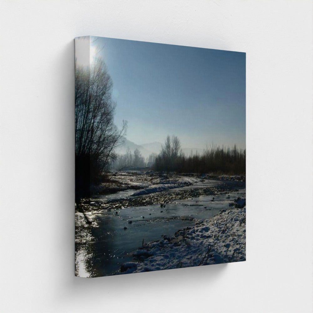 Eco-Friendly Landscape Wall Art featuring a river, forest, and nature in winter under a clear blue sky