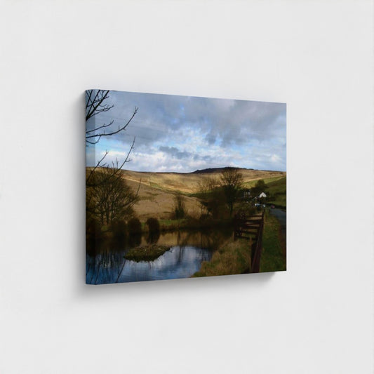 Papi's Canvas Eco-Friendly Wall Art featuring a serene countryside landscape with a pond and hills