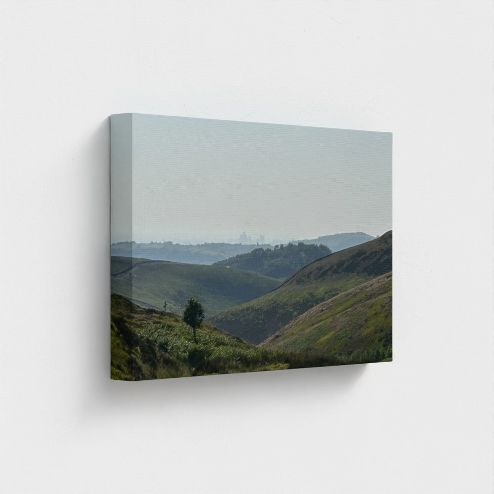 Eco-Friendly Wall Decor Manchester Skyline From Peak District showing misty hills with city skyline in the distance