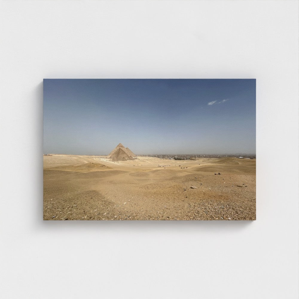 Papi's Canvas eco-friendly wall decor featuring desert landscape with pyramid under clear sky