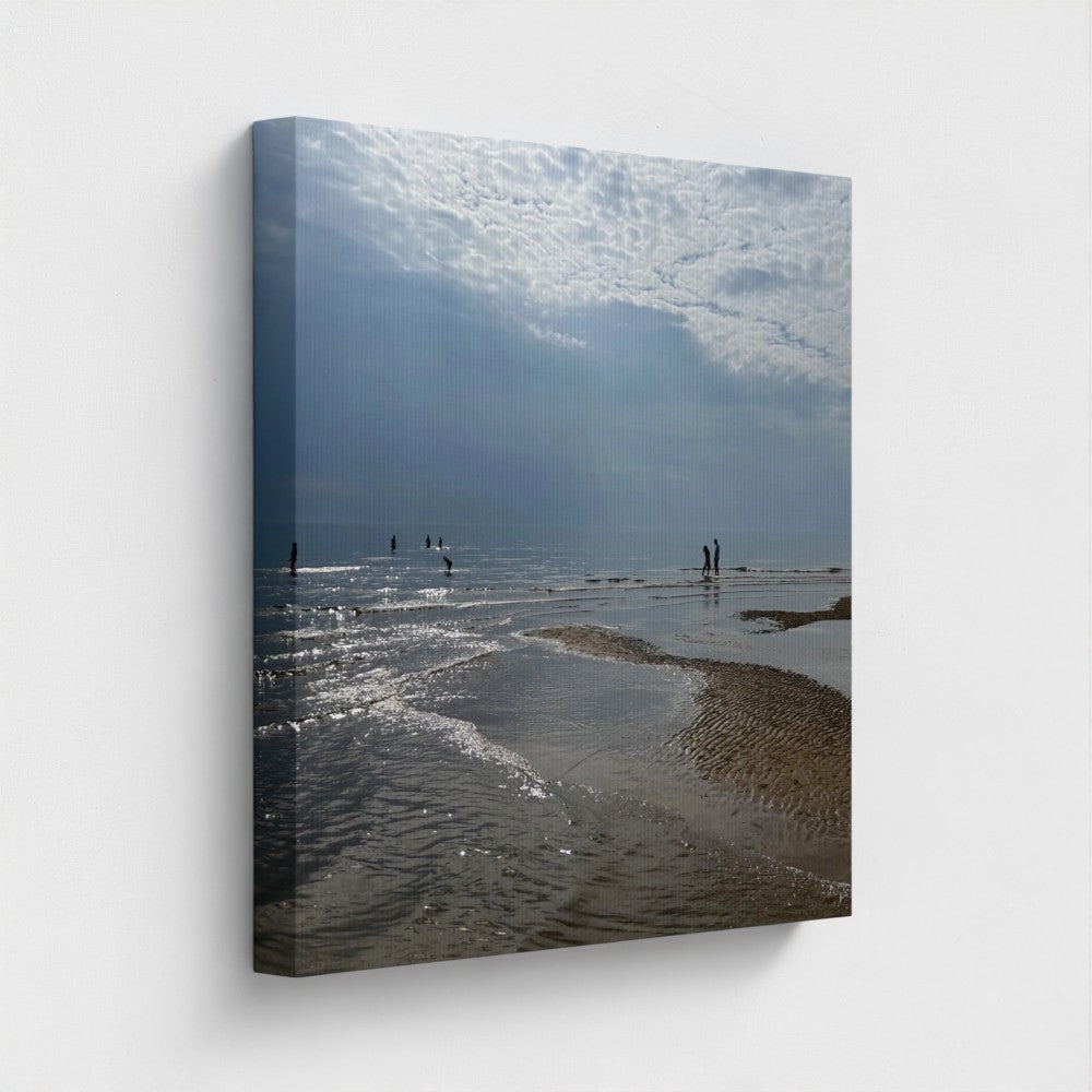 side view of recycled canvas printed with vegan inks featuring Blackpool Beach, size: 20''x20''