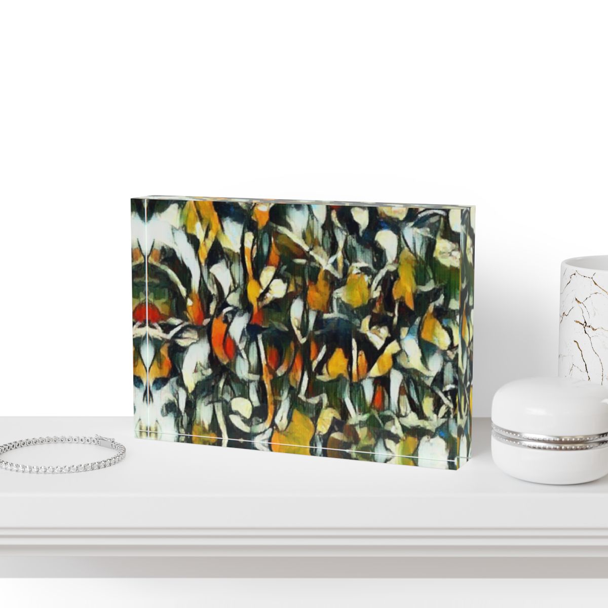 Mockup of block set among dark wood and brass décor for moody elegance