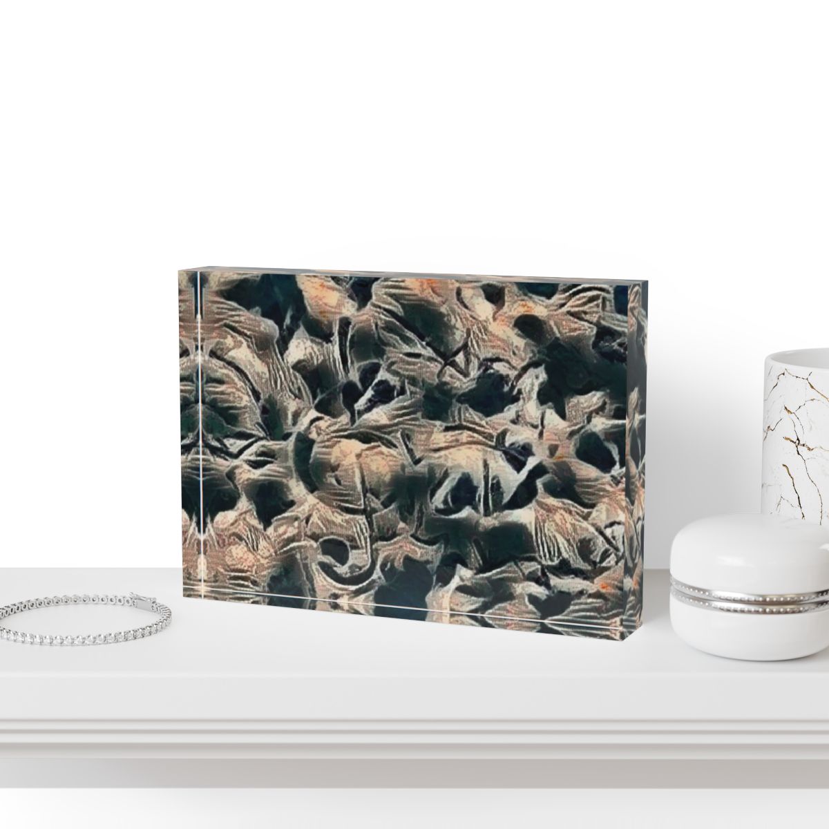 Mockup of block displayed on a dark metal console with velvet accents