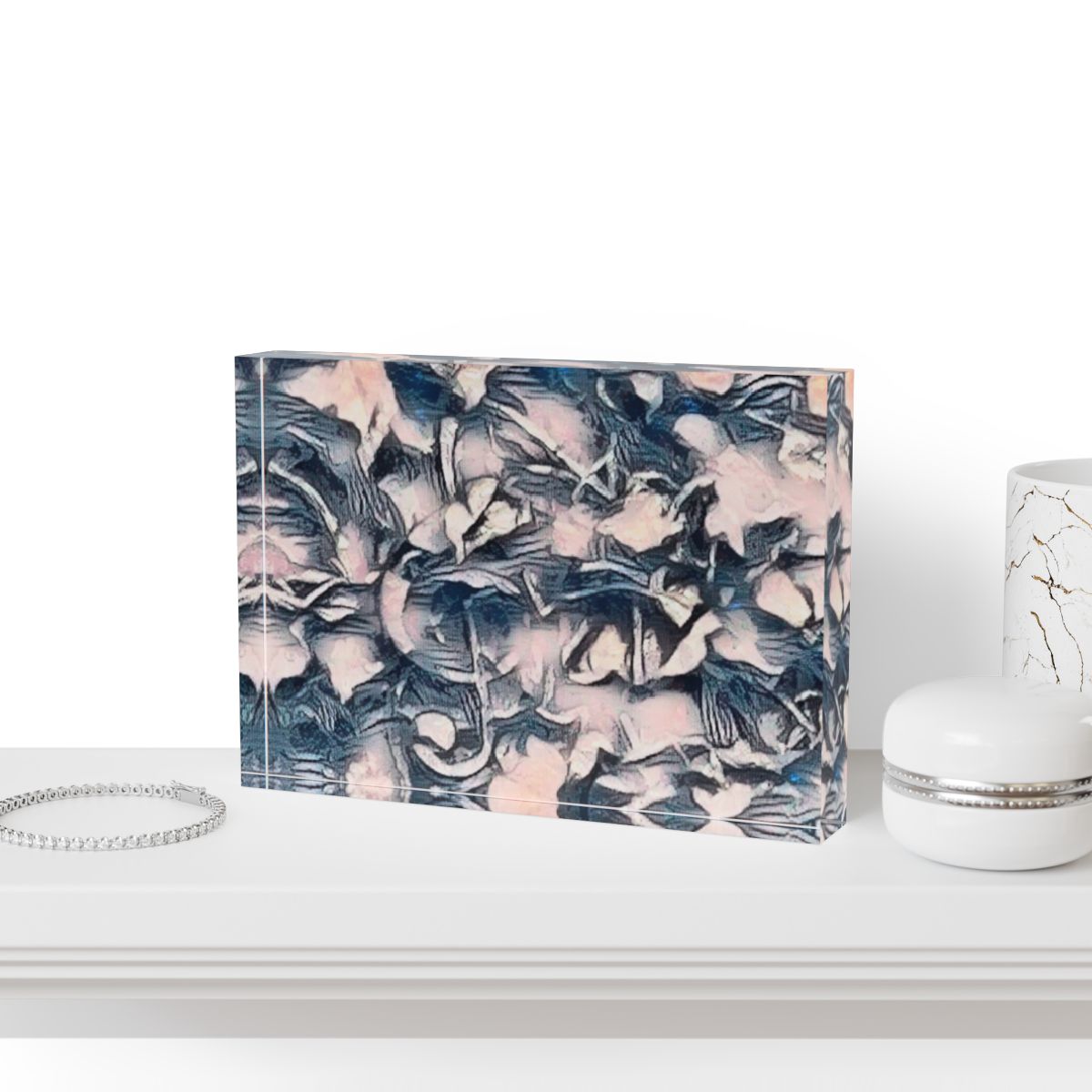 Mockup of block styled on a vanity with marble tray and rose-toned décor