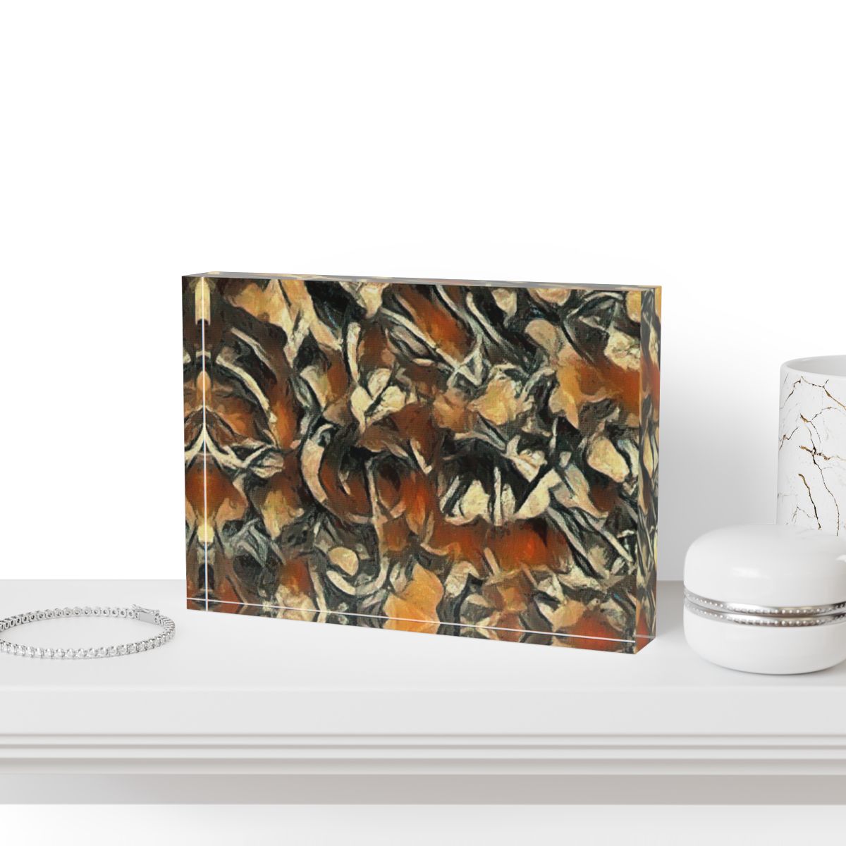 Mockup of block displayed with linen textiles and clay pottery accents