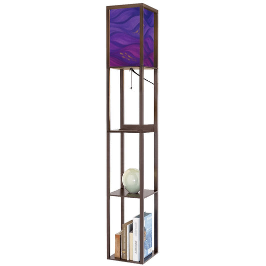 Walnut-finished wood floor lamp with three open square shelves—one holding a ceramic vase, another stacked books—and a linen cube shade featuring vibrant purple, magenta and gold wavy abstract patterns. A pull-chain switch and black power cord hang below.