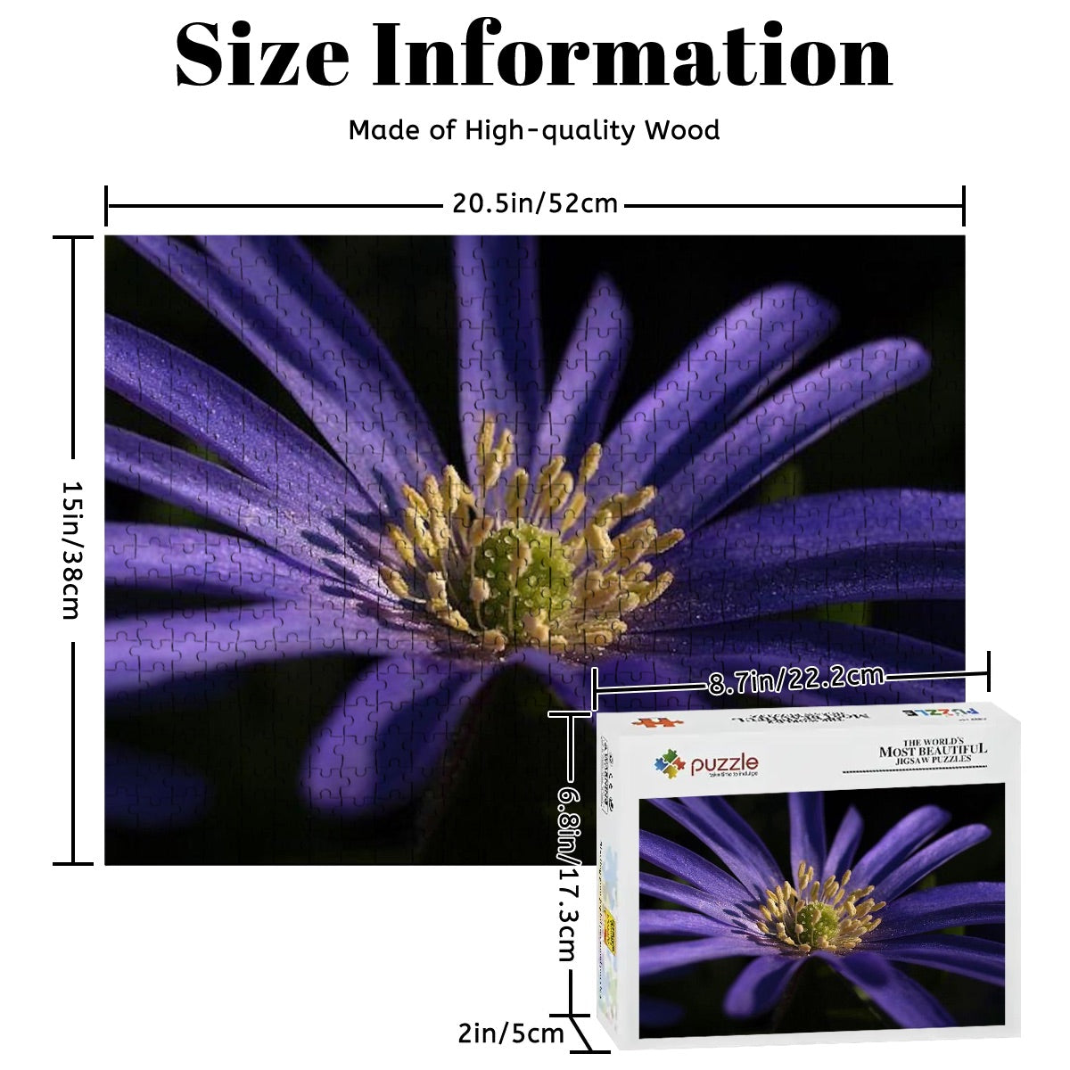 500-piece wooden jigsaw puzzle with close-up image of a purple anemone in full color, size 20.5" x 15"