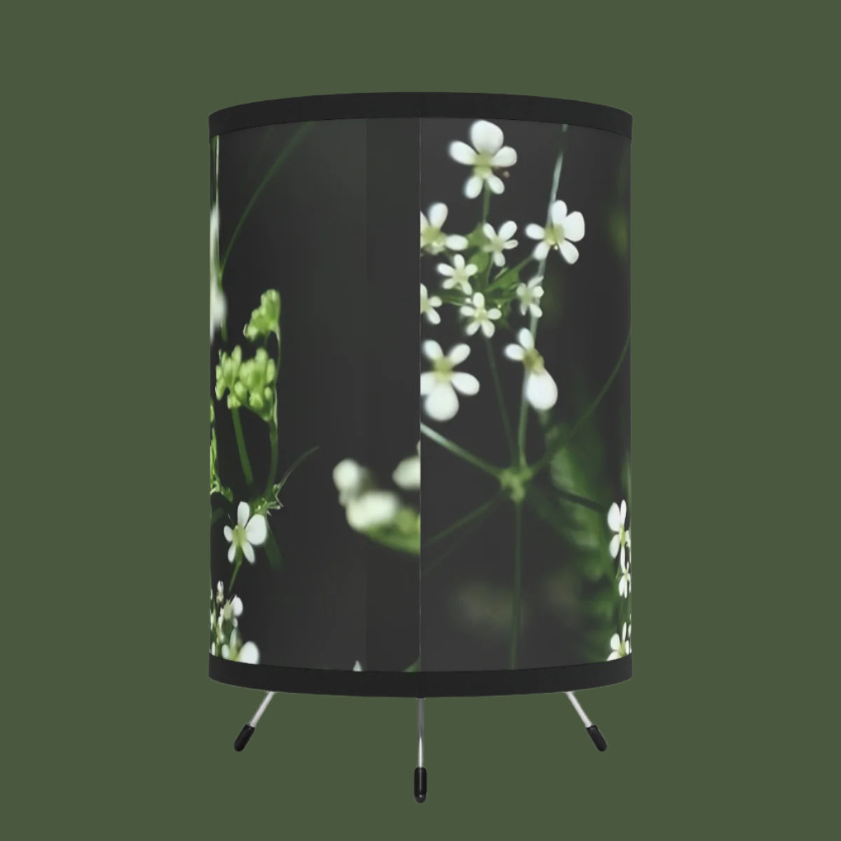 Floral Round Table Lamp featuring white little flowers on black and green background, size: 7''x11''