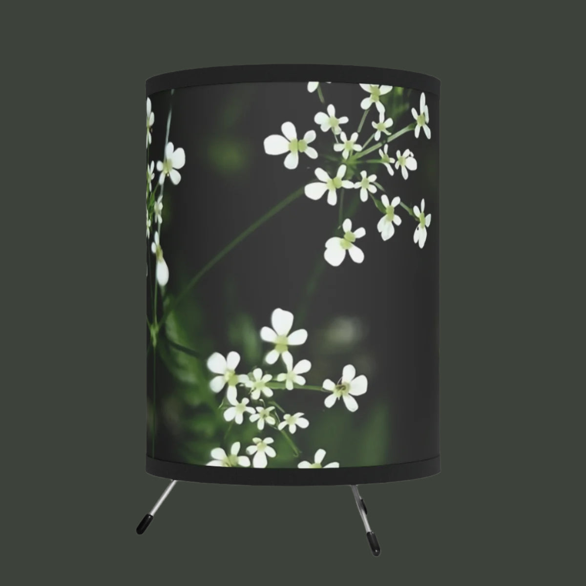 Floral Round Table Lamp featuring white little flowers on black and green background, size: 7''x11''
