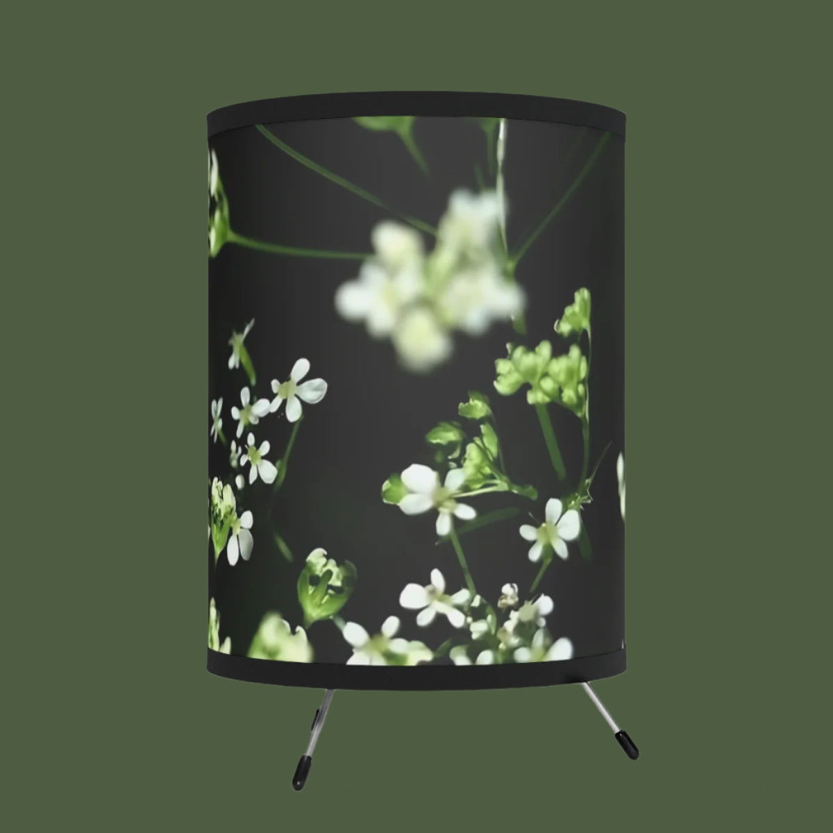 Floral Round Table Lamp featuring white little flowers on black and green background, size: 7''x11''