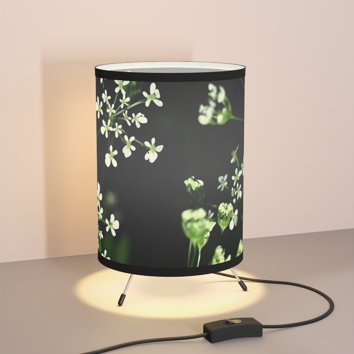 Floral Round Table Lamp featuring white little flowers on black and green background, size: 7''x11''