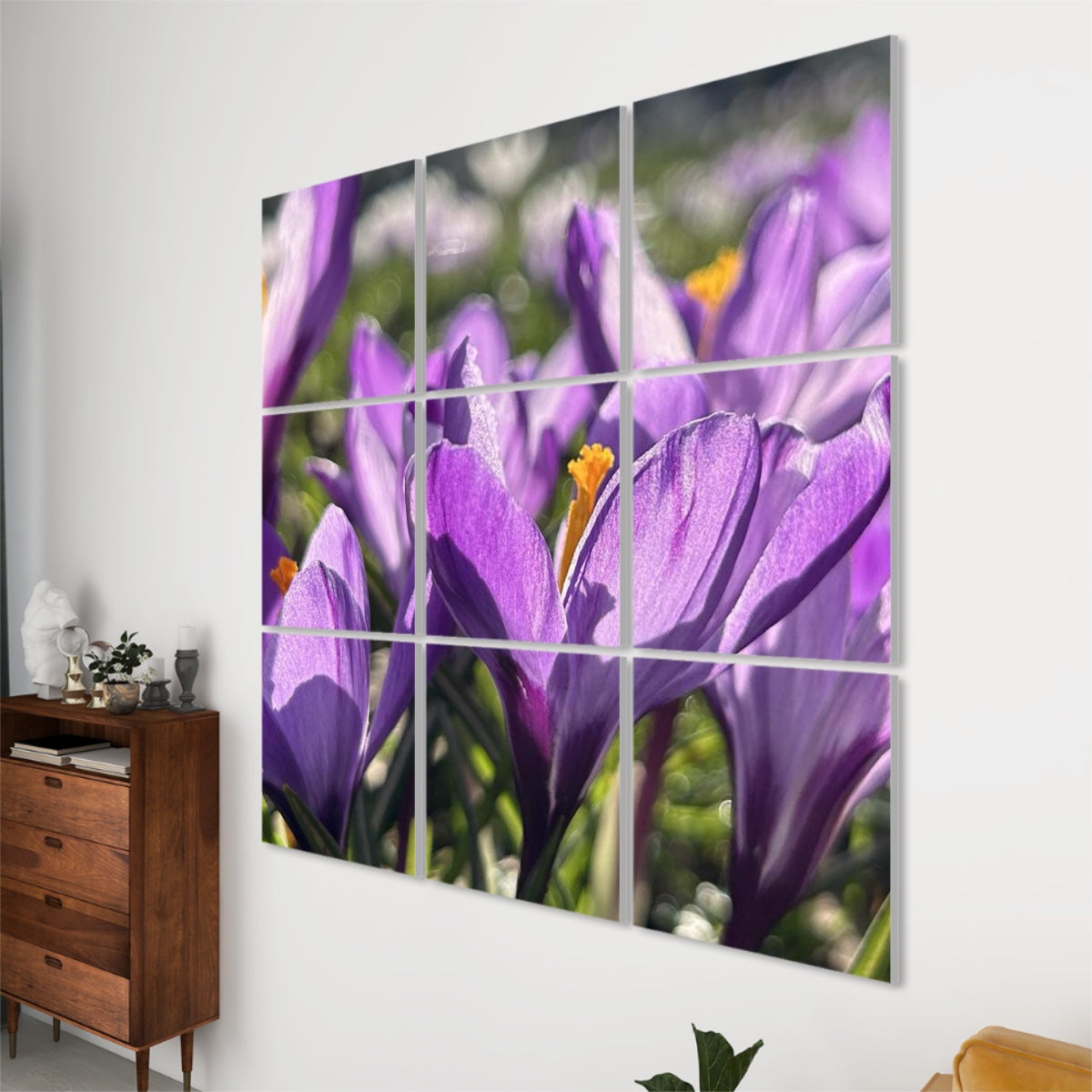 Right-angle perspective of the Purple Crocuses acoustic panel set, highlighting petal detail and vibrant lighting across all panels.