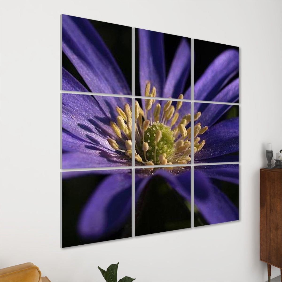 Angled perspective of the 9‑panel purple anemone sound‑absorbing wall art, showing panel depth and seamless alignment.