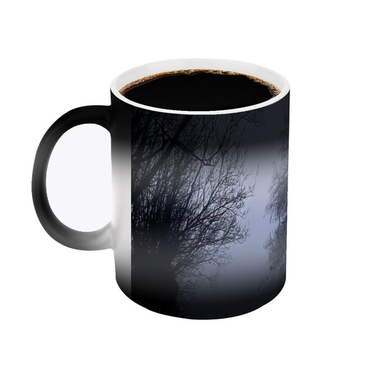 magic mug featuring forest and lake in fog in the evening light size: 11oz