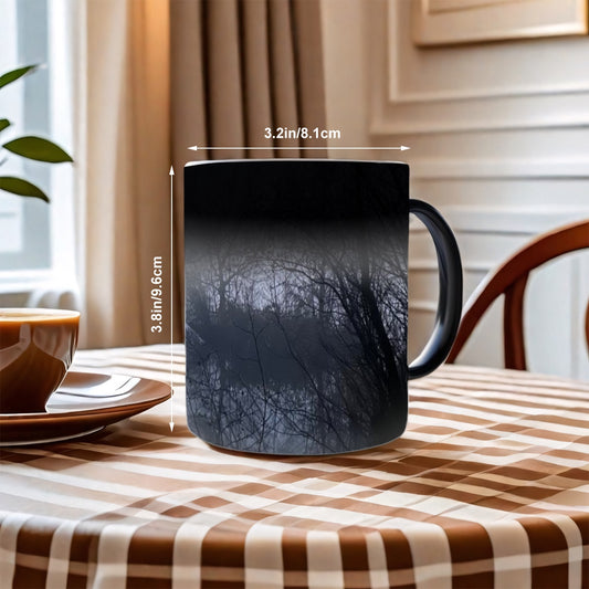 magic mug featuring forest and lake in fog in the evening light size: 11oz