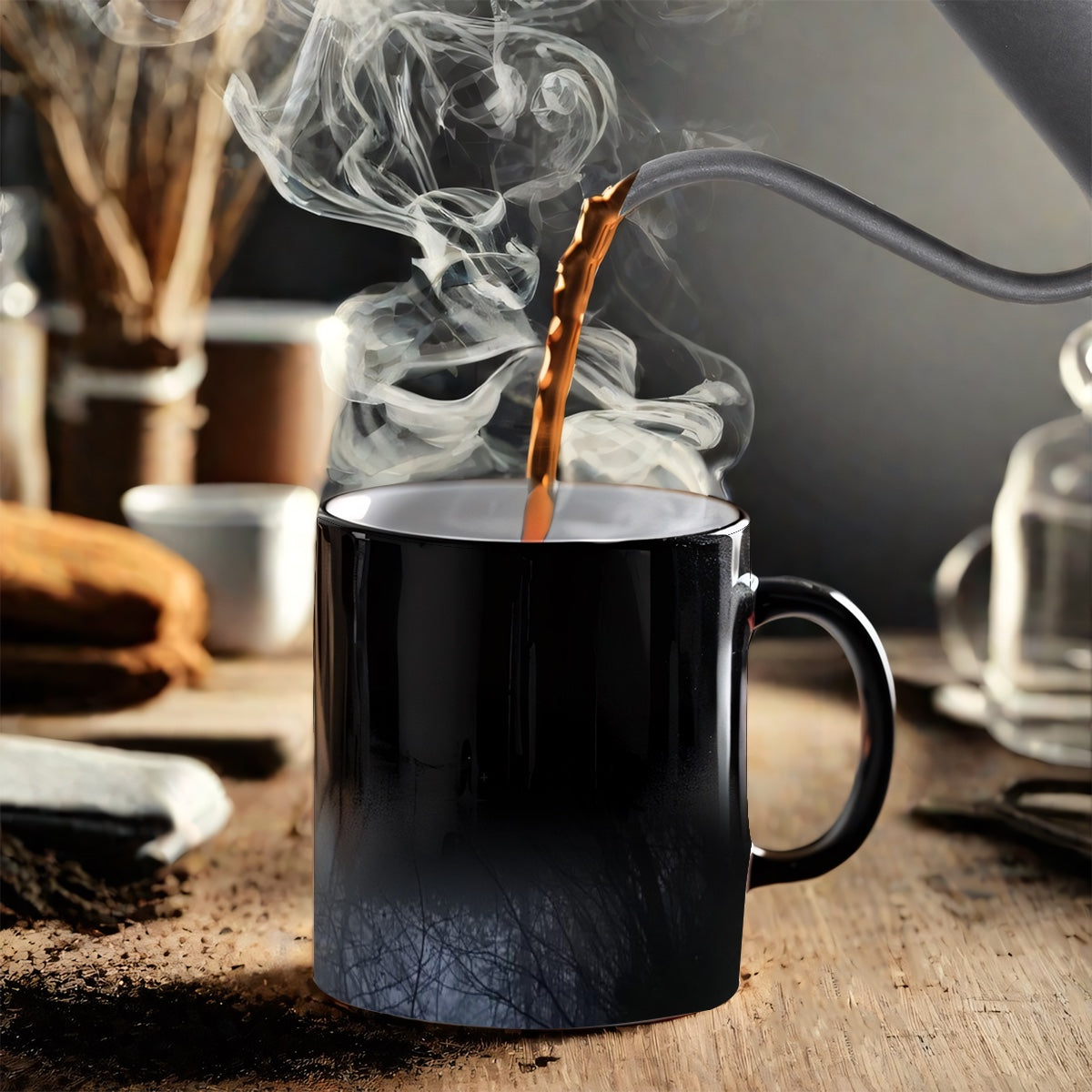 magic mug featuring forest and lake in fog in the evening light size: 11oz