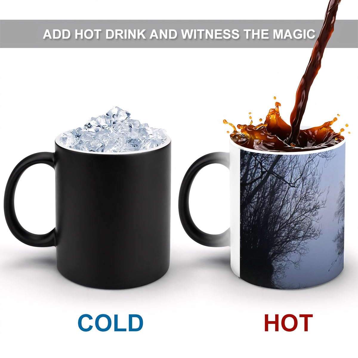 magic mug featuring forest and lake in fog in the evening light size: 11oz