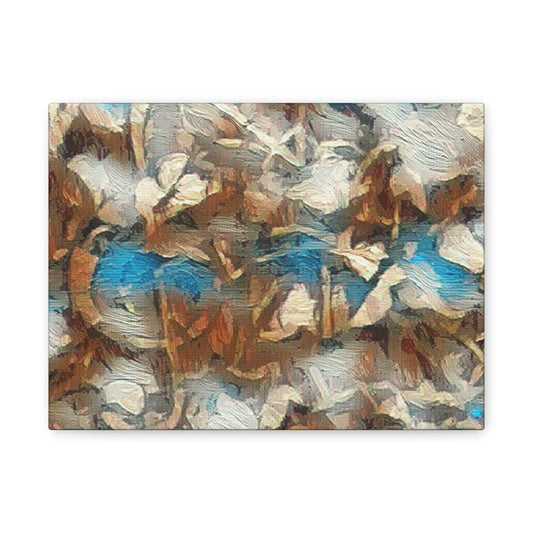 Vivid green, bark-brown, and soft sunlight tones blend into a painterly forest texture, abstracted and rich