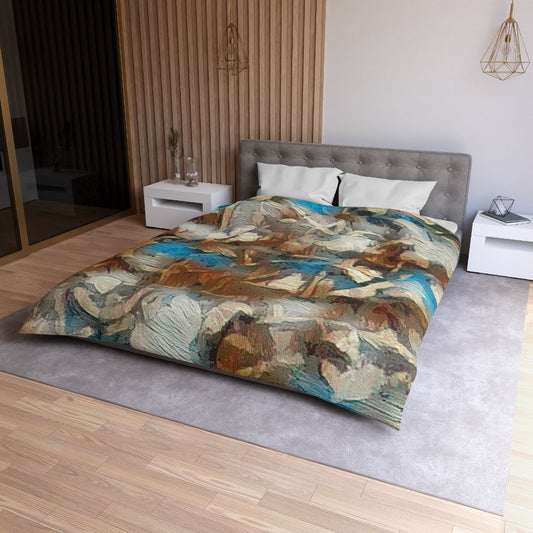 Queen size Forest Understory duvet cover with white lining, soft boho bedding with woodland palette and natural textures