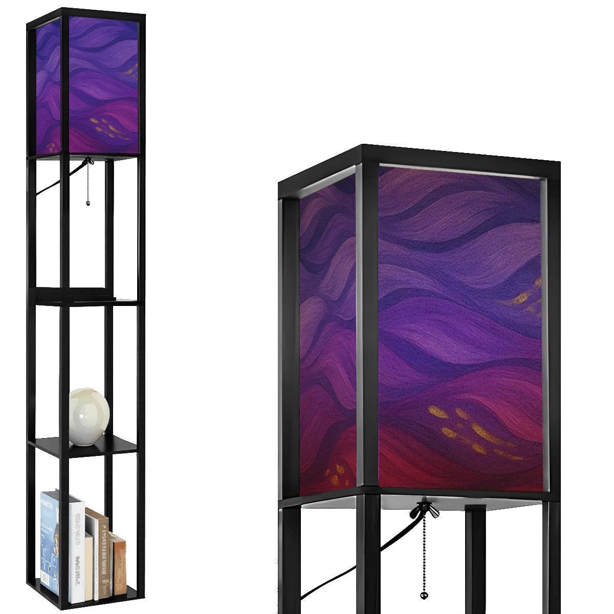 Black-finished wood floor lamp with three open square shelves—one holding a ceramic vase, another stacked books—and a linen cube shade featuring vibrant purple, magenta and gold wavy abstract patterns. A pull-chain switch and black power cord hang below.