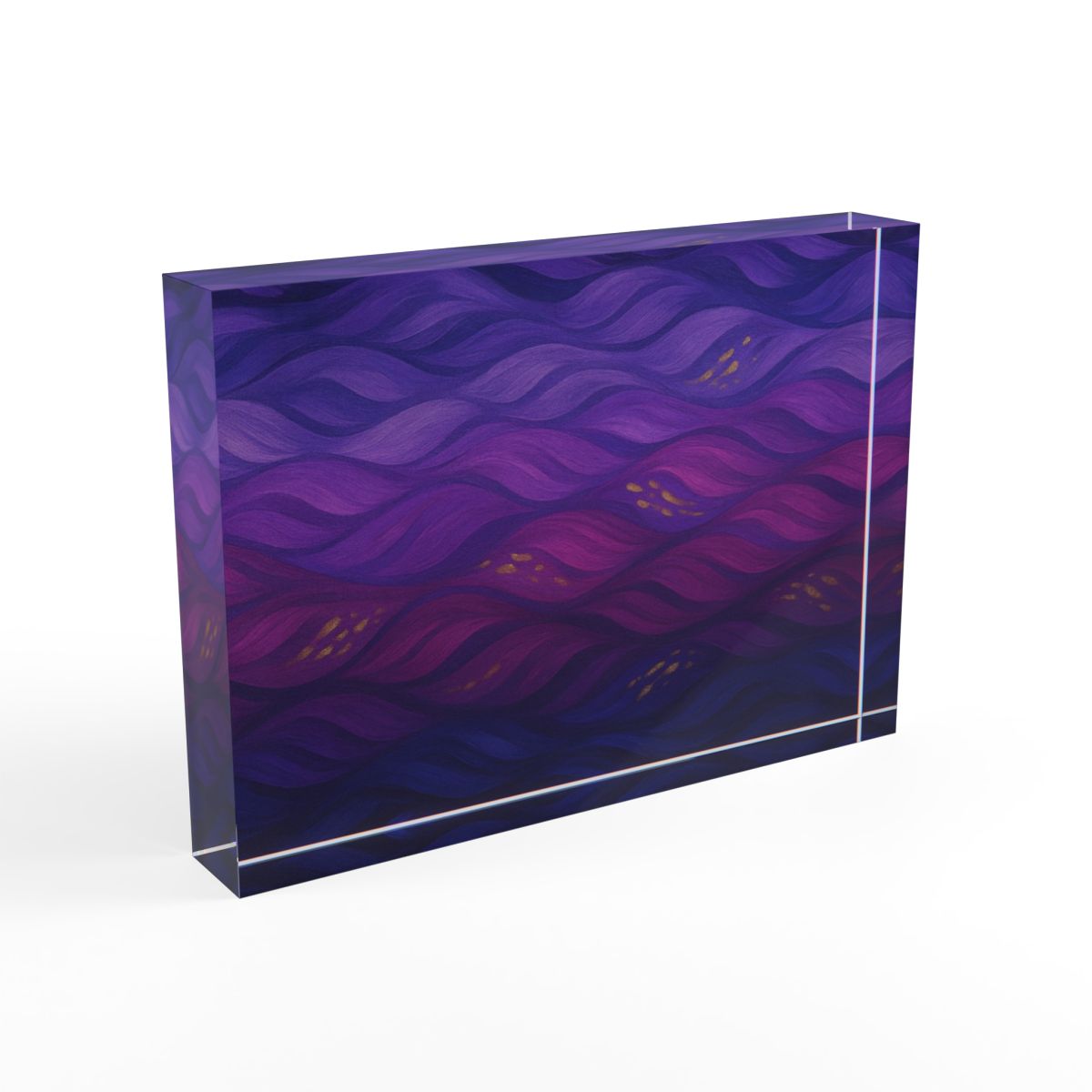 Left-side profile showing polished edges that catch light and reveal layered purple abstraction