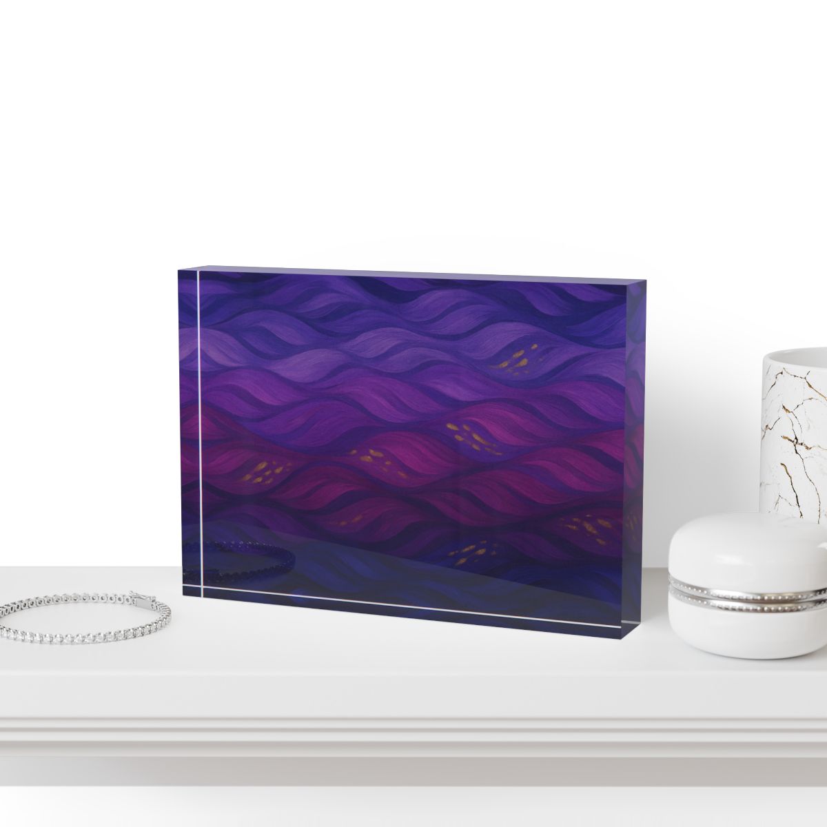 Displayed on a mantel with decorative accents, illustrating how the rich purple artwork elevates a room