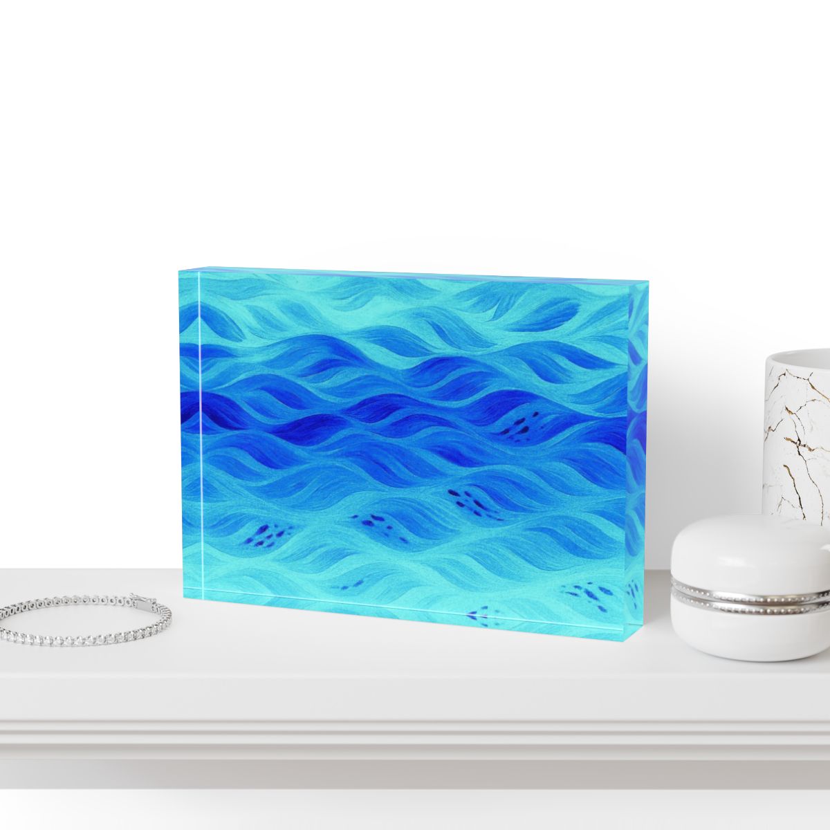 Styled on a desk with modern accessories, demonstrating the serene underwater aesthetic in situ