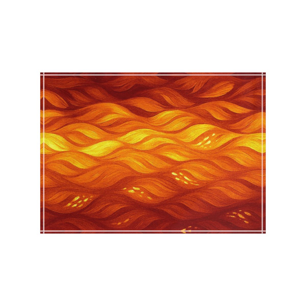 Front View: Head-on image of the acrylic block on white, with bold tangerine and amber waves glowing
