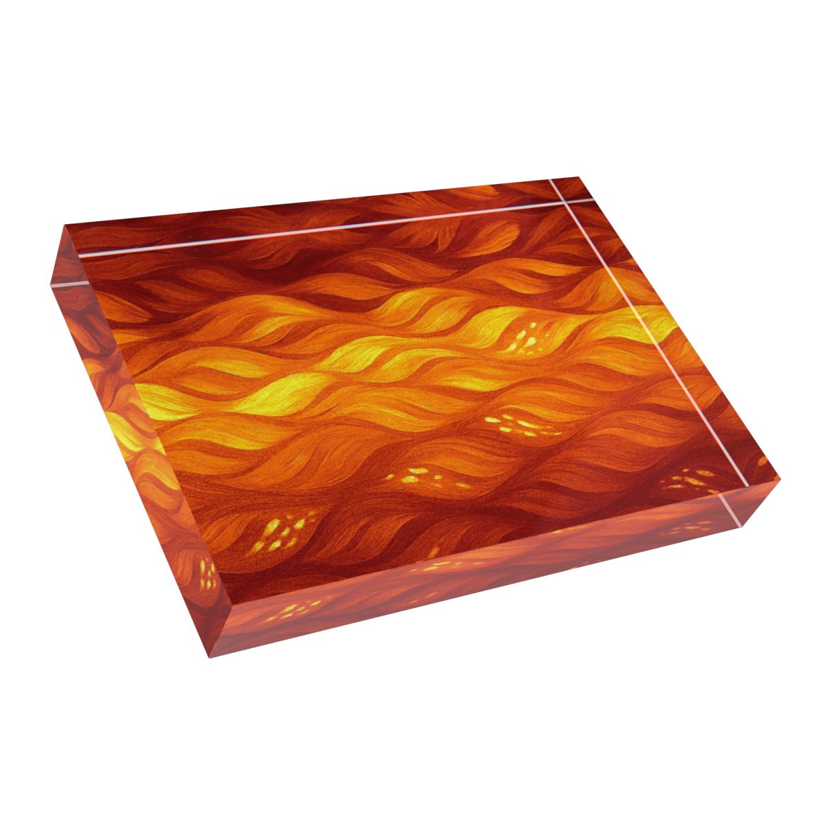 Perspective highlighting the block’s depth and the dynamic warmth of the orange-amber palette