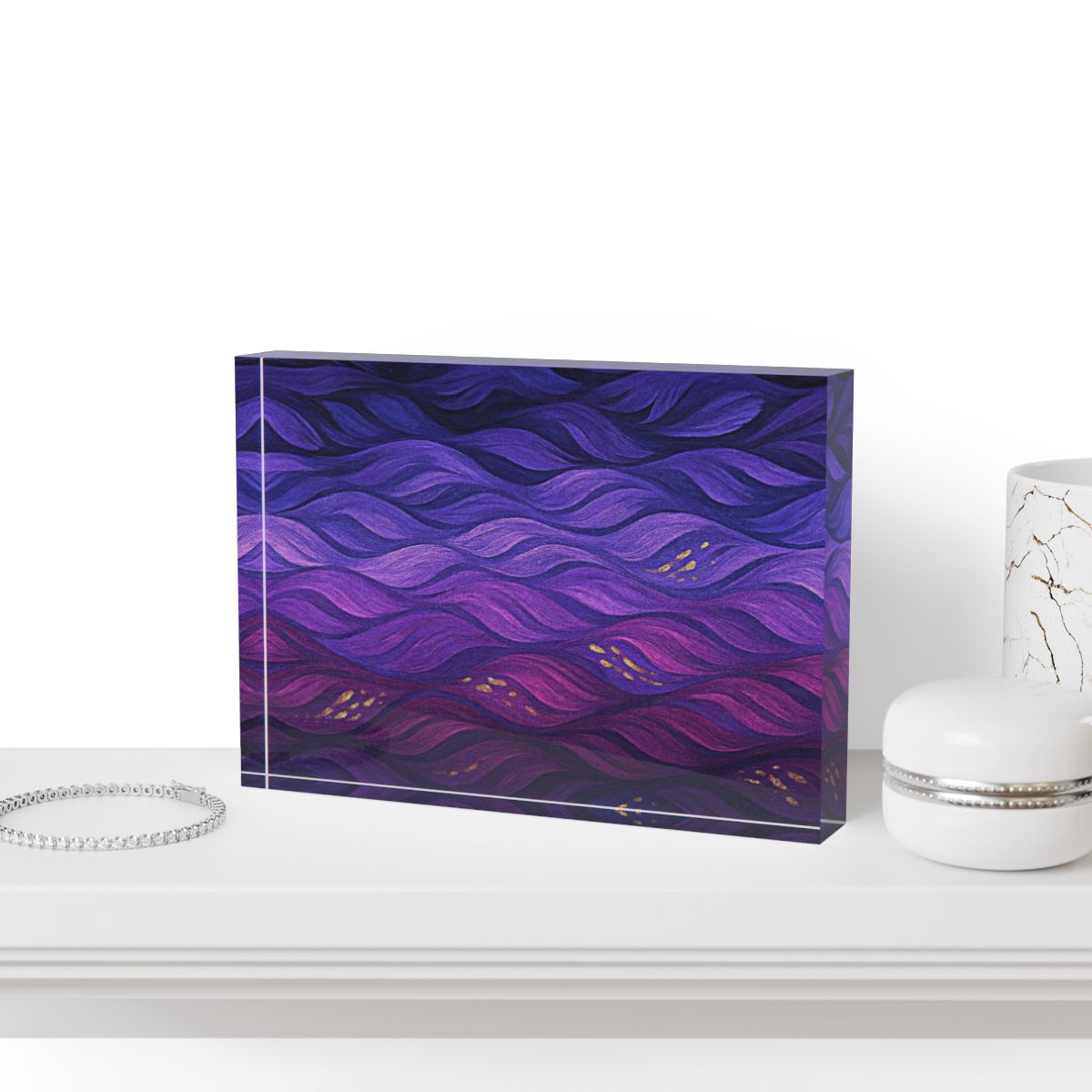 Displayed on a credenza with eclectic décor, showing how the vibrant technicolor design enlivens any space
