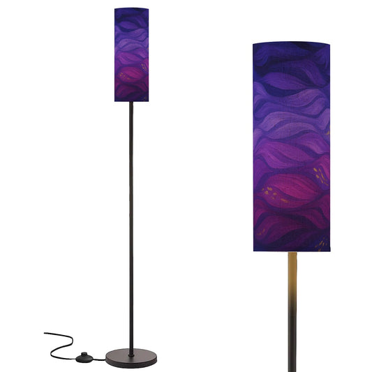 Full-color Gilded Amethyst Currents lamp: swirling purple and gold currents printed on a tall linen cylinder atop a slim black metal stand.