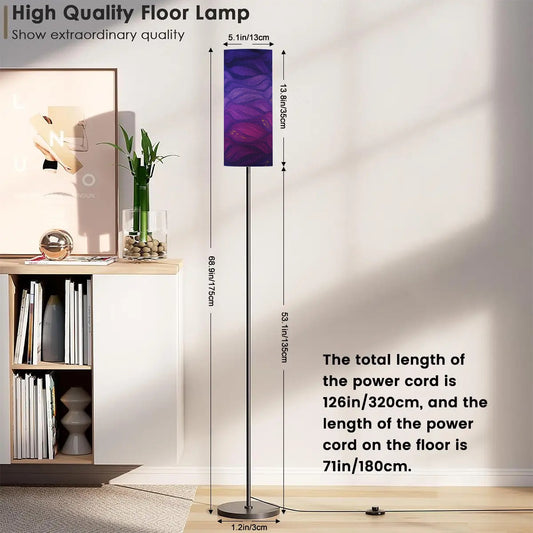 Full-color Gilded Amethyst Currents lamp: swirling purple and gold currents printed on a tall linen cylinder atop a slim black metal stand.