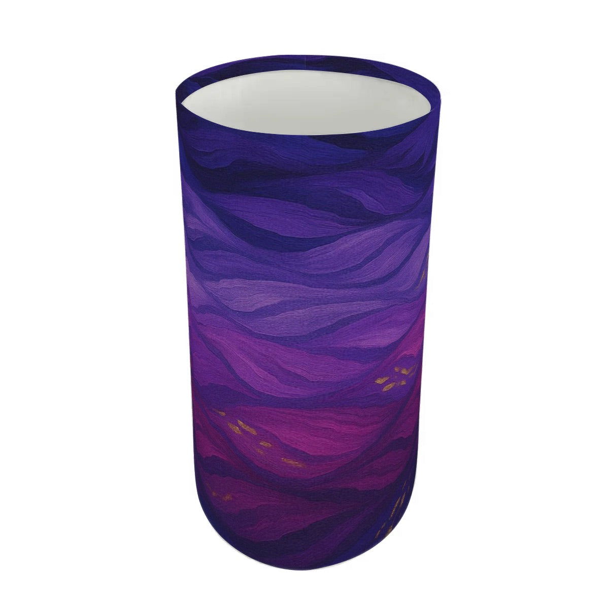Tall cylindrical linen shade with purple and gold currents, mounted on a slender lamp base.