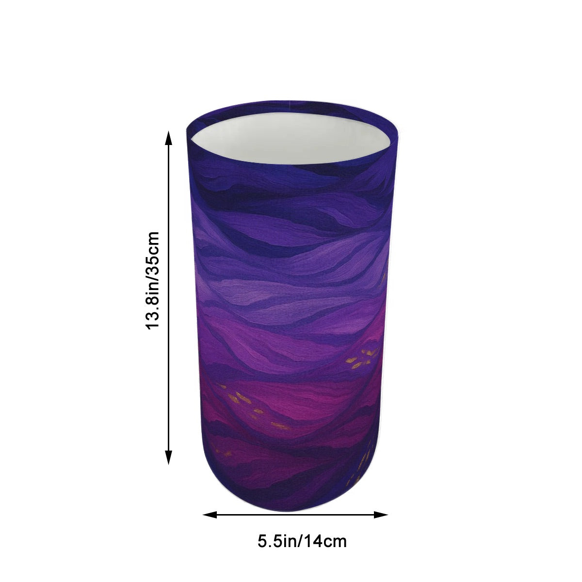 Tall cylindrical linen shade with purple and gold currents, mounted on a slender lamp base.