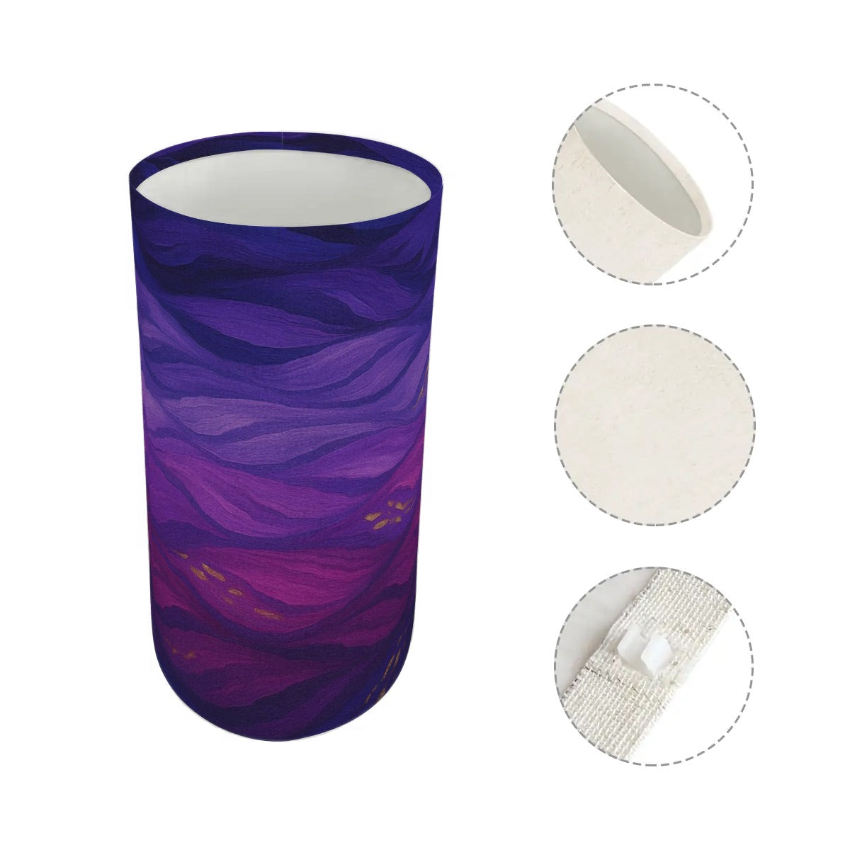 Tall cylindrical linen shade with purple and gold currents, mounted on a slender lamp base.