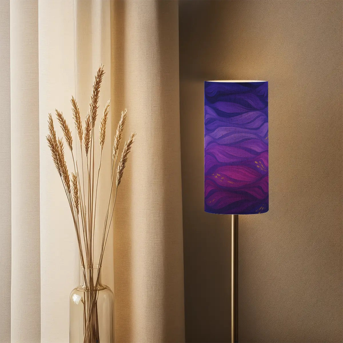 Tall cylindrical linen shade with purple and gold currents, mounted on a slender lamp base.