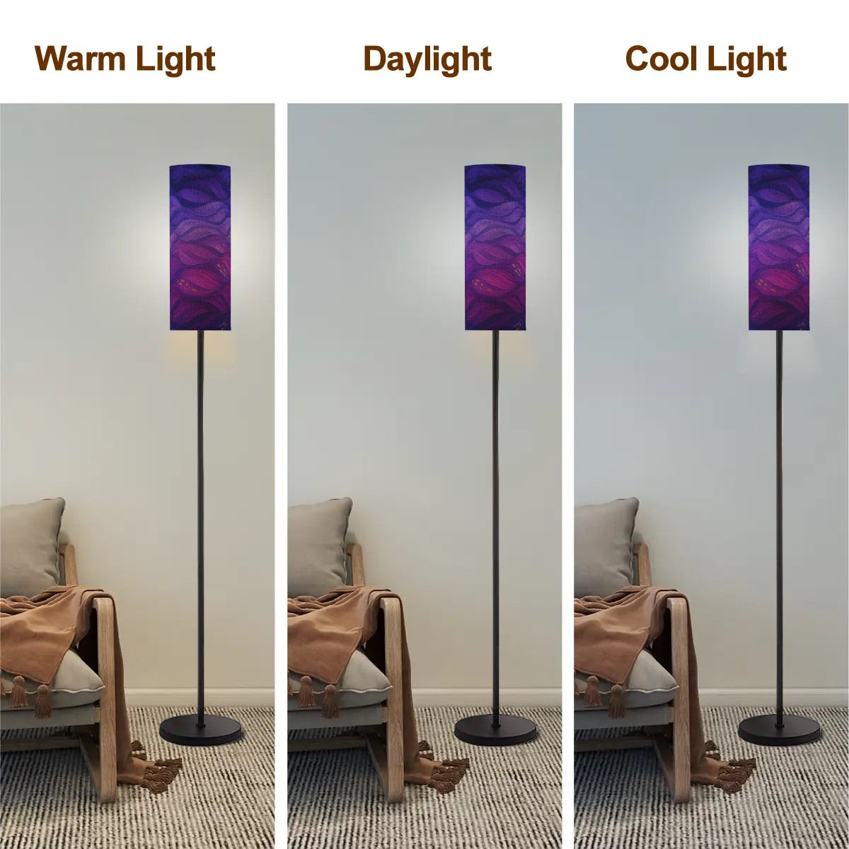 Tall cylindrical linen shade with purple and gold currents, mounted on a slender lamp base.