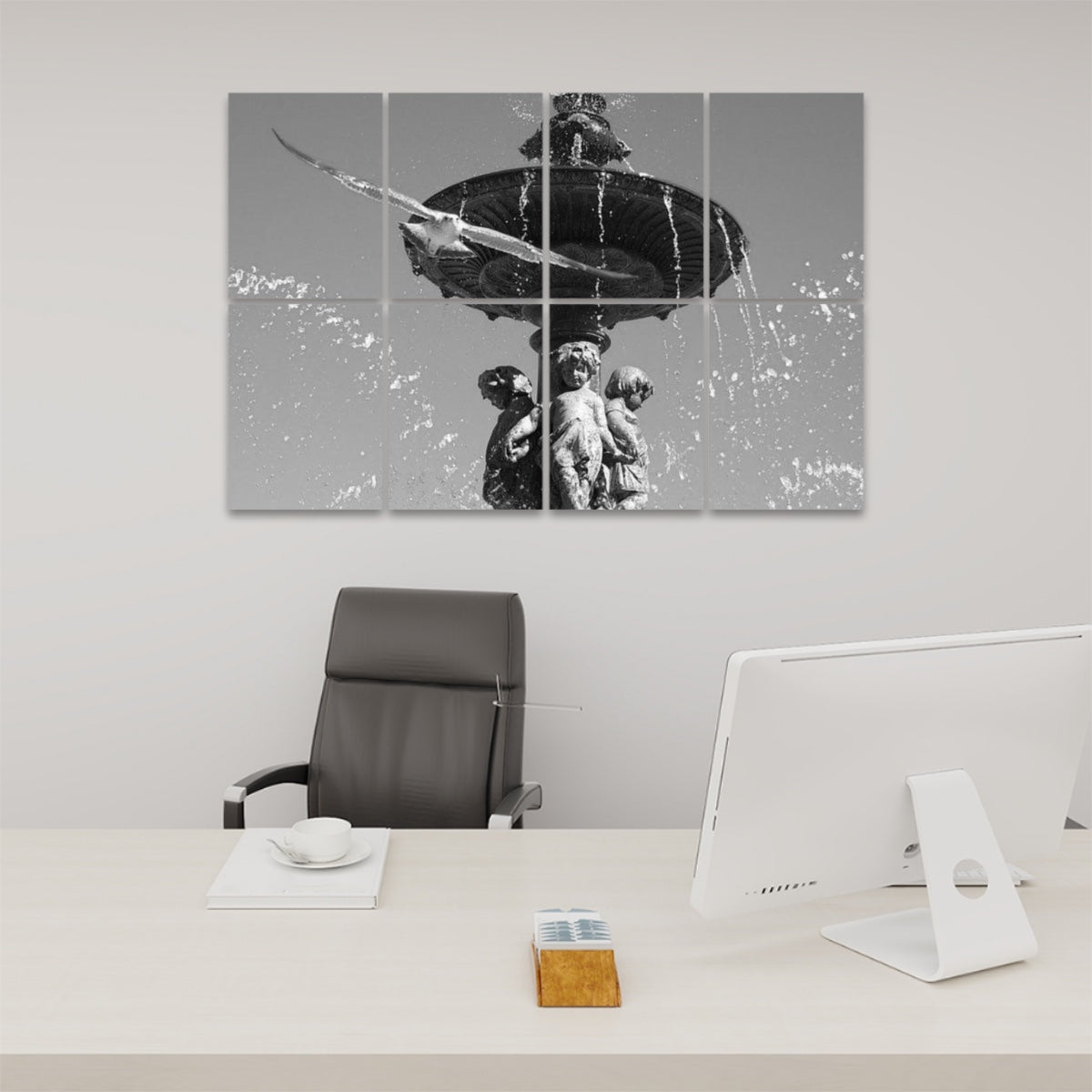 Grayscale acoustic wall panels showing a flying bird and historic Lisbon fountain surrounded by soft midtone splashes under a muted sky.