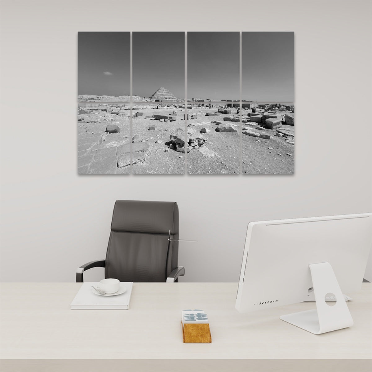 Grayscale version of the Step Pyramid of Saqqara and surrounding ruins, presented on 8 acoustic panels with a balanced, timeless feel.