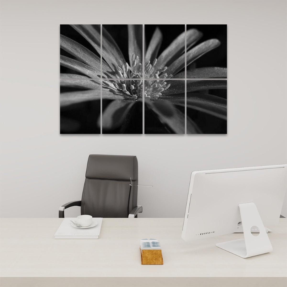Grayscale version of 8 decorative acoustic panels showing a high-contrast close-up of a purple anemone with detailed petal texture.