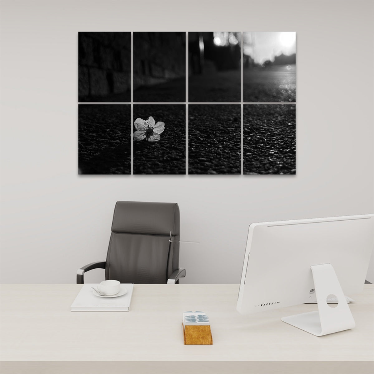 Grayscale acoustic panel set with a white blossom on asphalt, balancing soft light and texture across 8 decorative sound-absorbing panels.