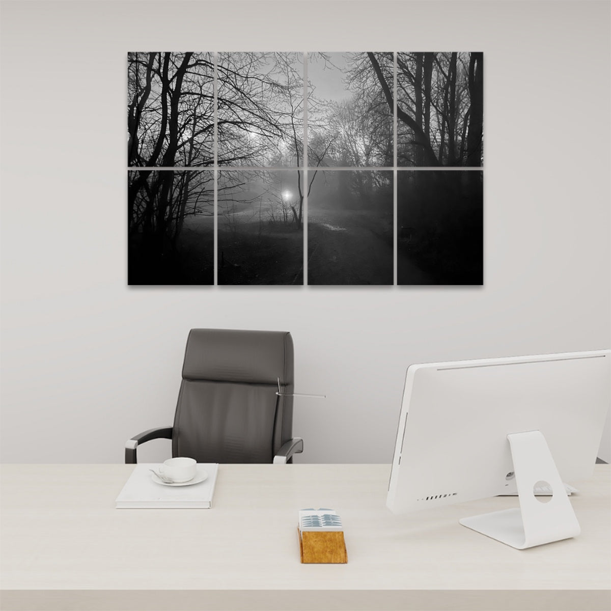 Grayscale version of a misty forest road with silhouetted trees and soft tonal contrast, printed on 8 acoustic wall panels.