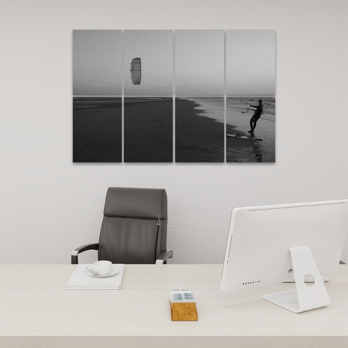 Grayscale variant of a shoreline scene with a kitesurfer and kite under soft, even lighting, printed on 8 acoustic wall panels.