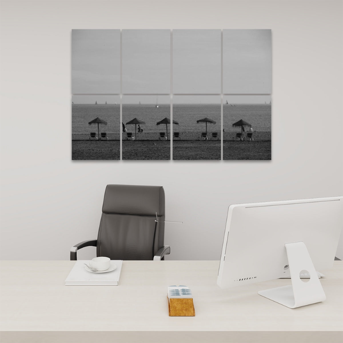 Grayscale acoustic wall panels featuring an open coastal scene with a soft-toned sky, empty beach, and subtle sea horizon for a minimalist effect.