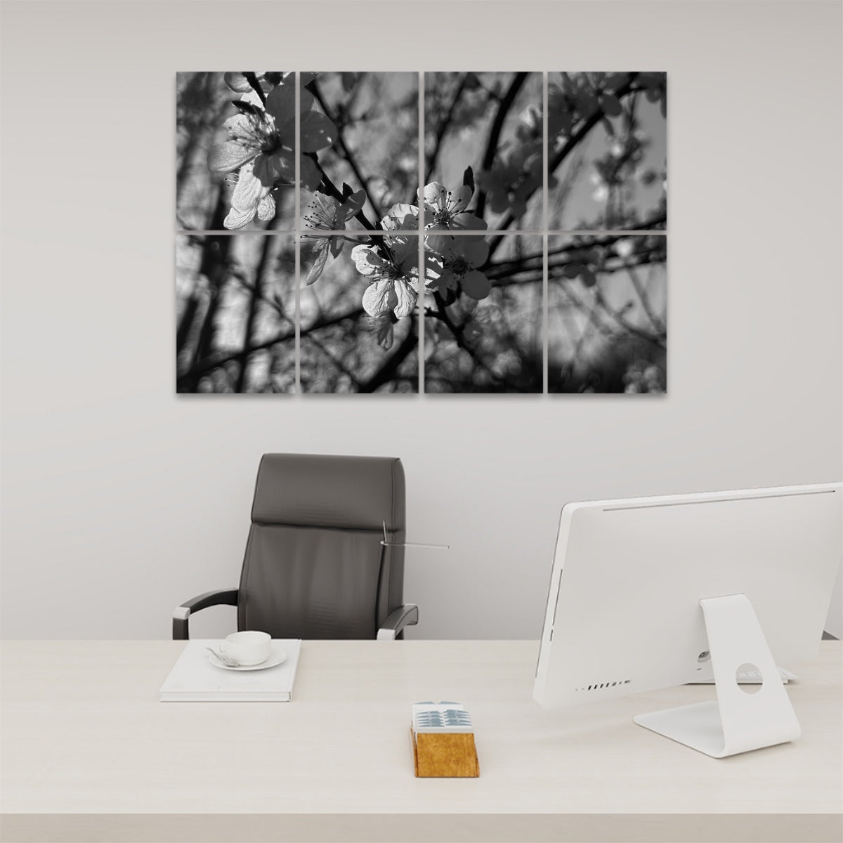 Grayscale acoustic wall panels with white blossoms in full bloom on bare branches, rendered in soft tonal contrasts.