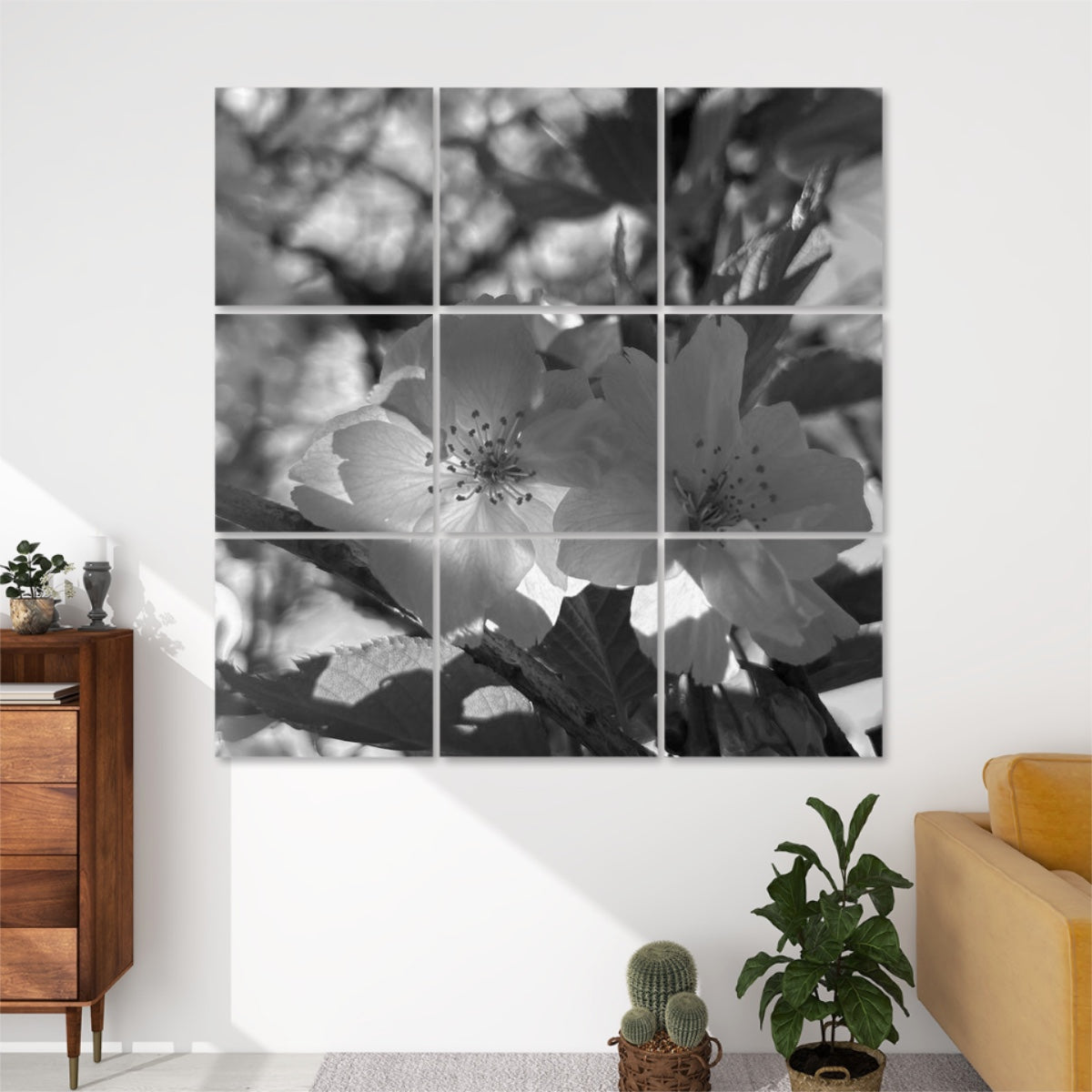 Grayscale version of cherry blossoms and foliage, with balanced midtones and soft lighting arranged across 9 decorative sound absorbing panels.