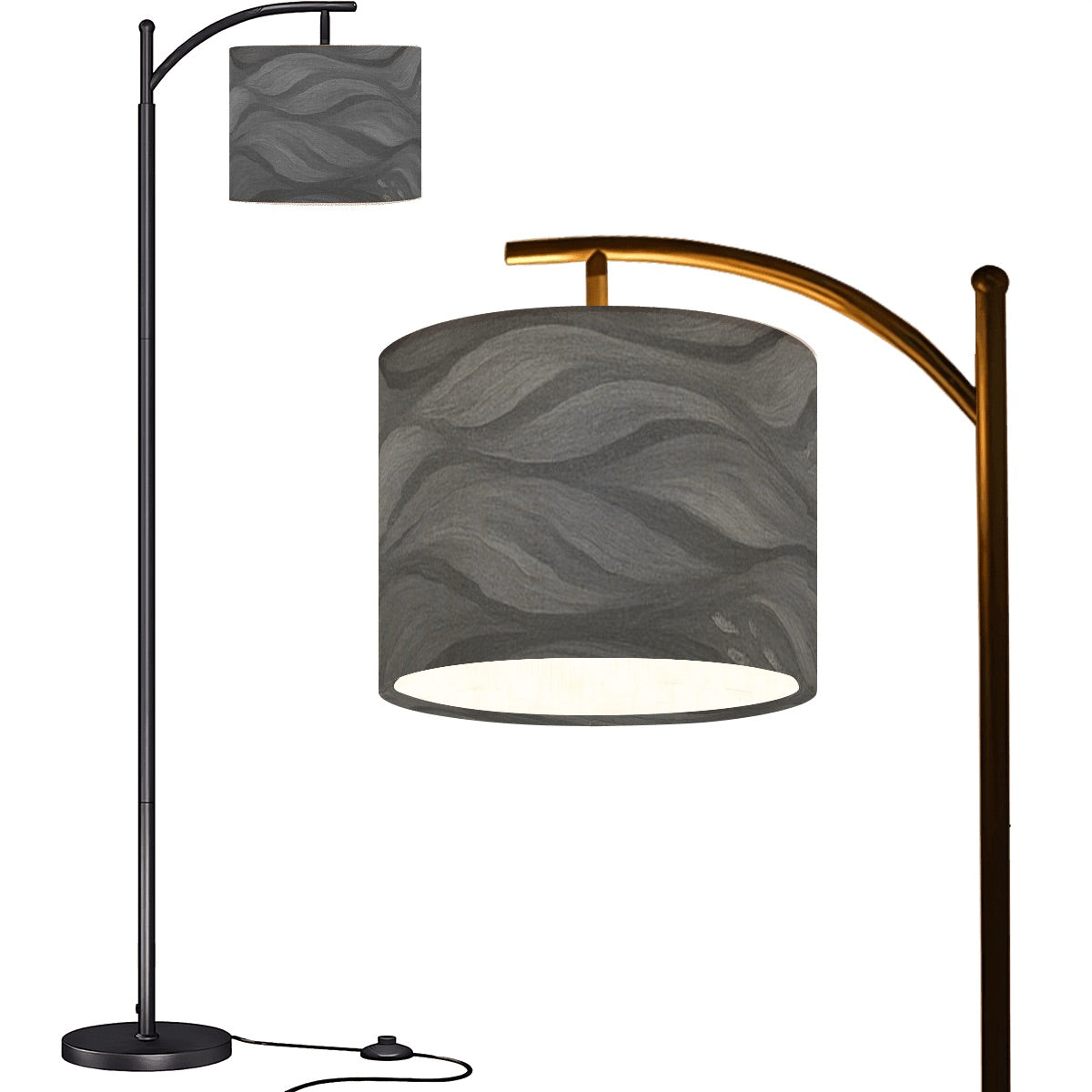 Arc floor lamp with black base and gold arm; linen shade featuring soft gray gradient waves on a light background.