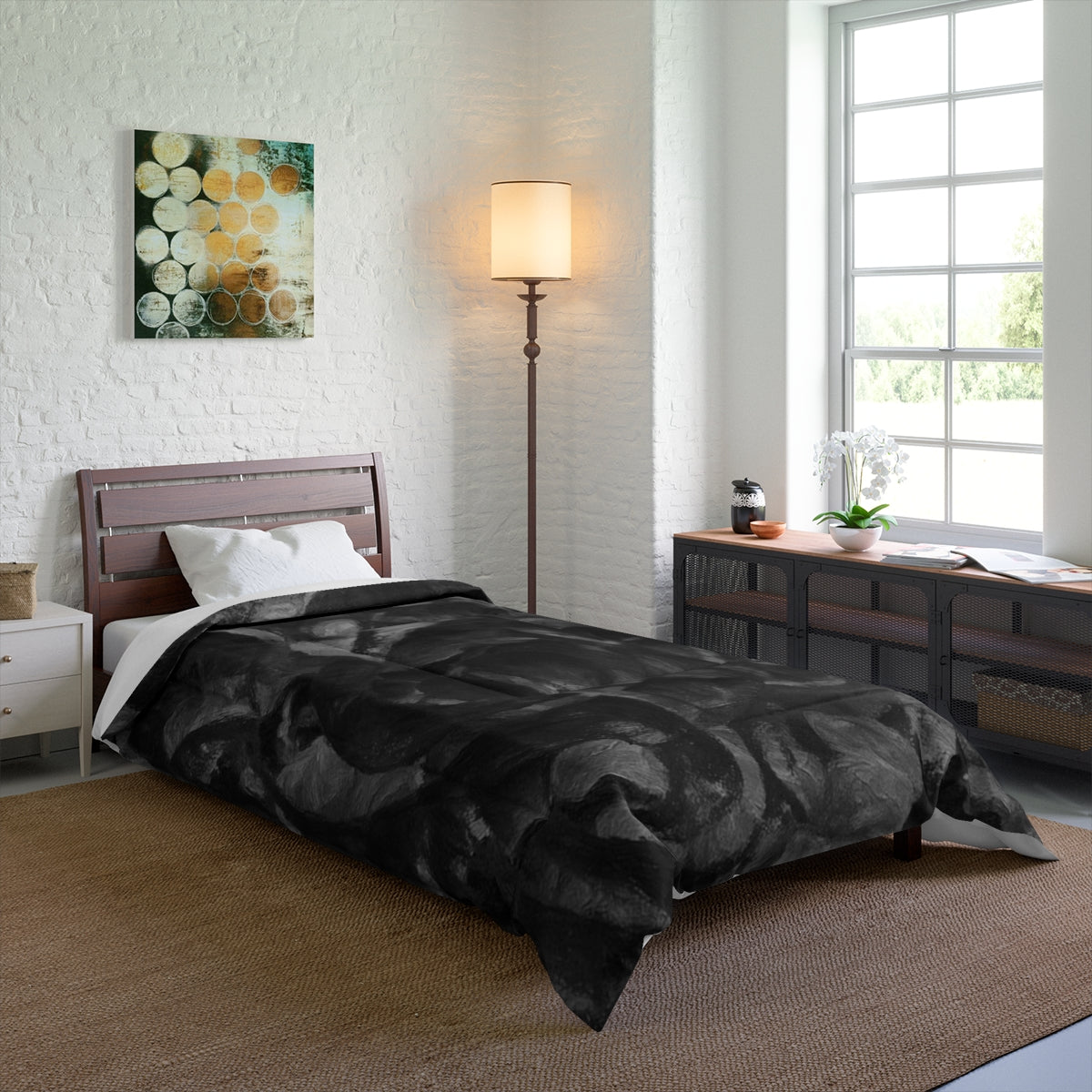 Light bedroom with Grayscale comforter arranged on an extended single bed creating a calm and neutral focal point size 68'' x 92''