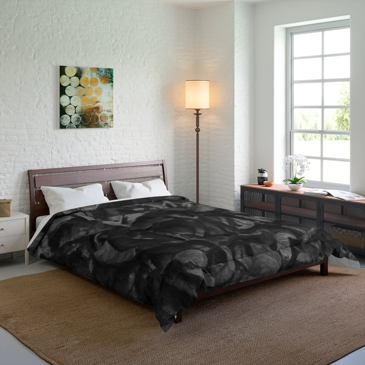 bed styled with Grayscale comforter in layered black and gray tones adding quiet dimension to the space. size 88'' x 88''
